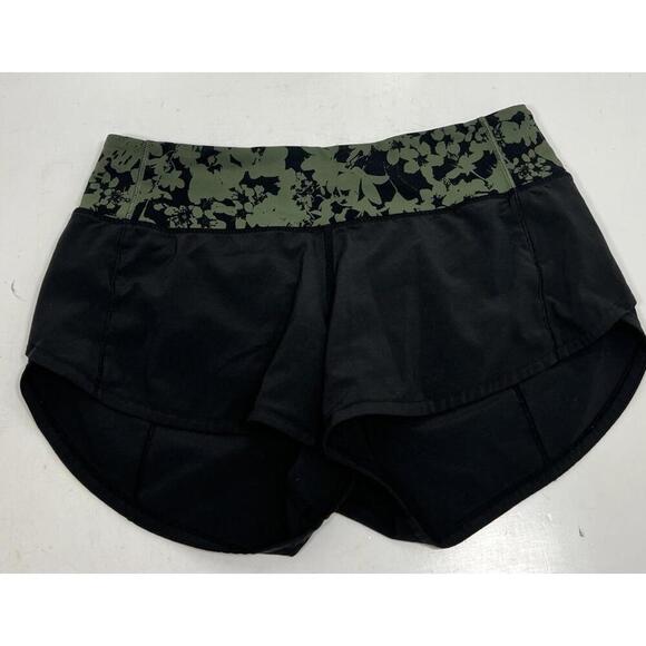 Lululemon Speed Up Women’s Sz 2 Black Efflorescent Barracks Green Lined Shorts - Picture 2 of 8
